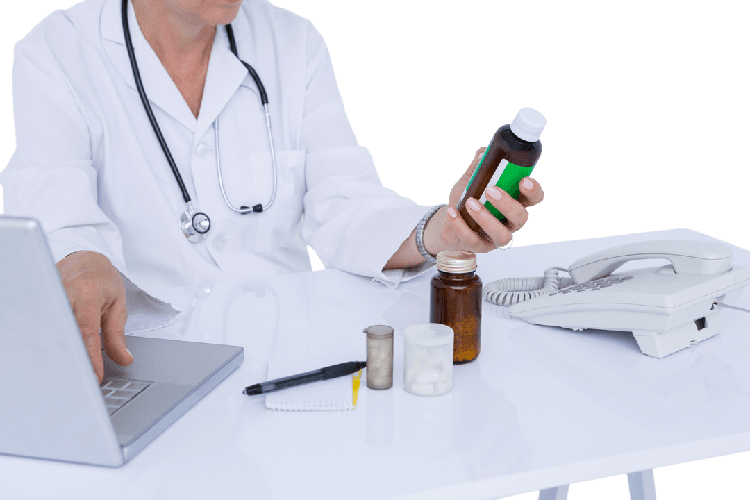 Transparent Doctor Analyzing Medication on Office Desk Setup