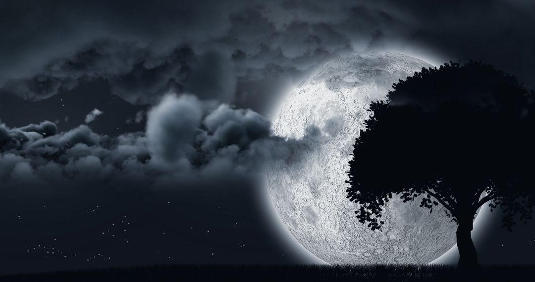 Serene Moonlit Night with Tree Silhouette and Clouds