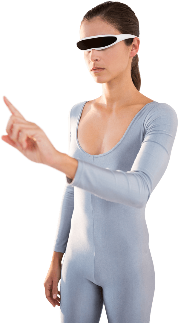 Woman Interacting with Virtual Interface Using Transparent VR Glasses