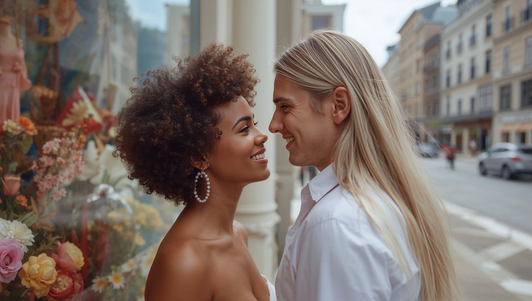 Smiling couple standing close on city sidewalk beside floral storefront display