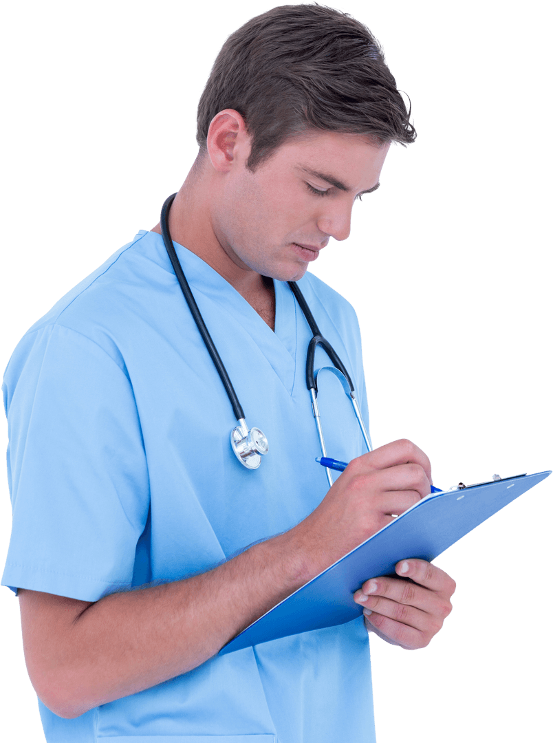 Transparent Medical Doctor Writing on Clipboard With Stethoscope