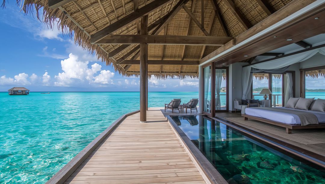 Relaxing Luxury Overwater Villa with Private Plunge Pool and Turquoise Ocean View, Canopy Bed