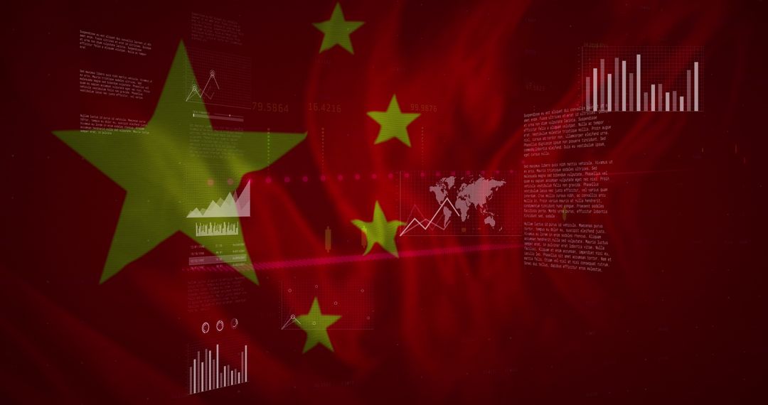 Financial Data and Graphs Overlaid on Chinese Flag
