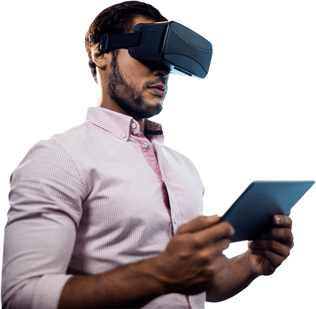 Transparent Background Man Using VR Glasses and Tablet For Tech Experience