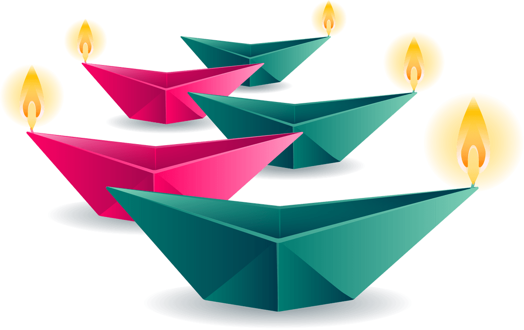 Transparent Origami Boats with Lit Candles Casting Shadows