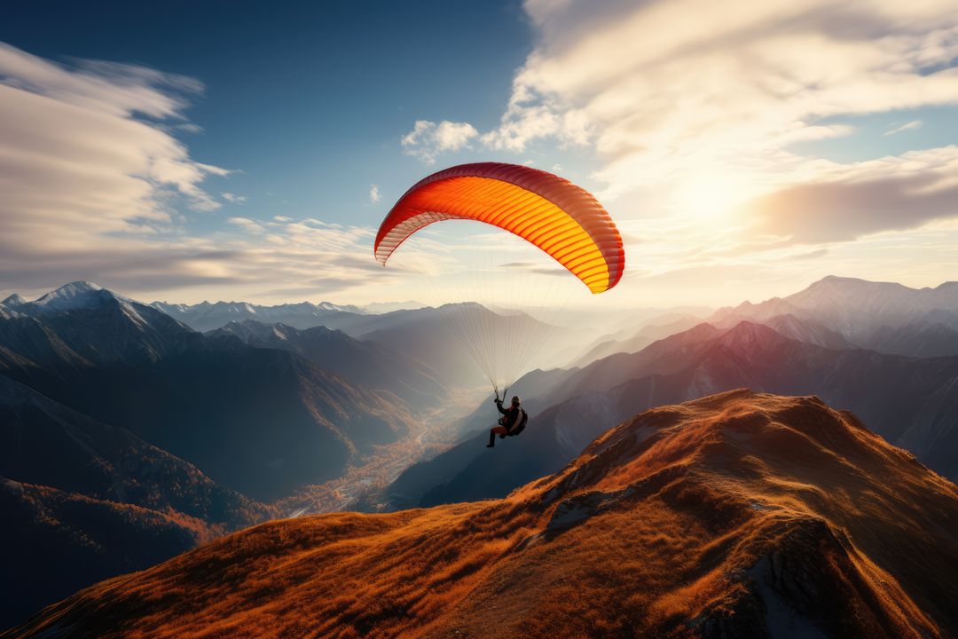 Paraglider drifting over countryside landscape with clouds, created using generative ai technology - Free Images, Stock Photos and Pictures on Pikwizard.com