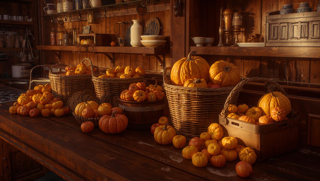 Rustic Autumn Harvest Display with Pumpkins in Farmhouse Kitchen