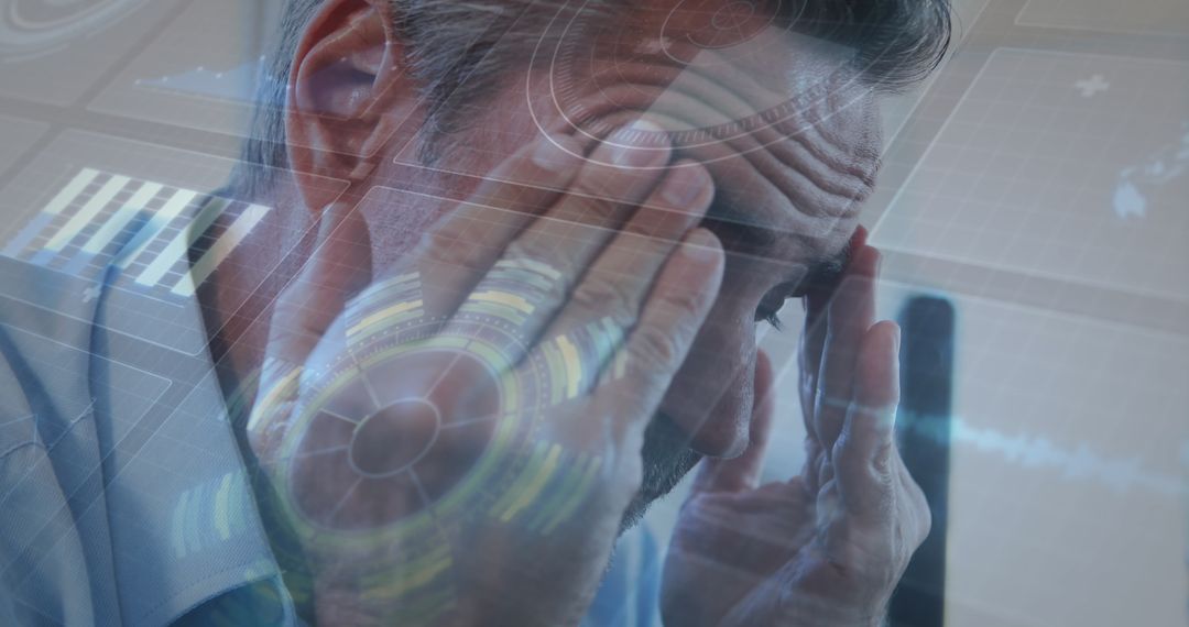 Stressed Senior Businessman with Digital Data Overlay