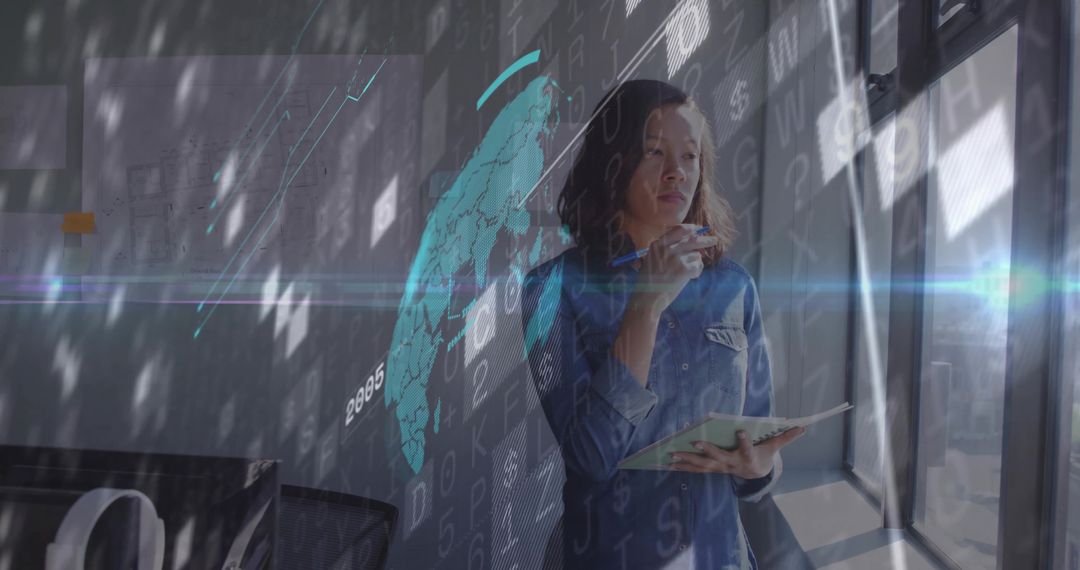 Businesswoman Analyzing Holographic Map with Data Visualization
