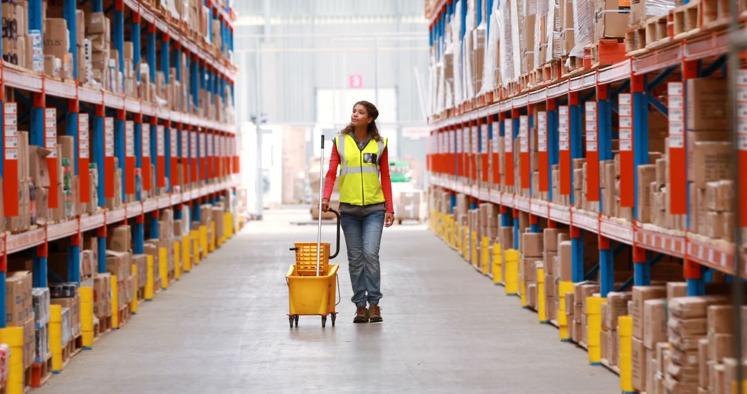 Female Warehouse Worker Walking with Cleaning Equipment - Free Images, Stock Photos and Pictures on Pikwizard.com