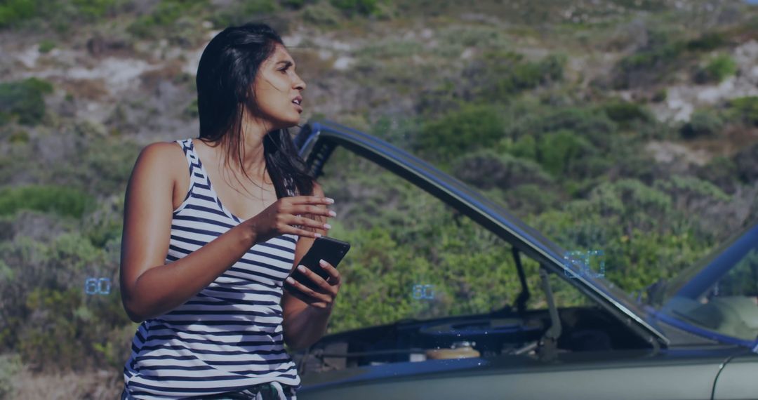 Woman Using Smartphone with 6G Network Model Outdoors