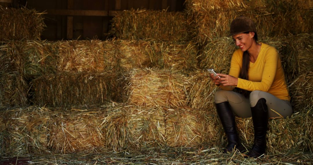 Woman Relaxing on Hay Bales Using Smartphone in Rustic Barn