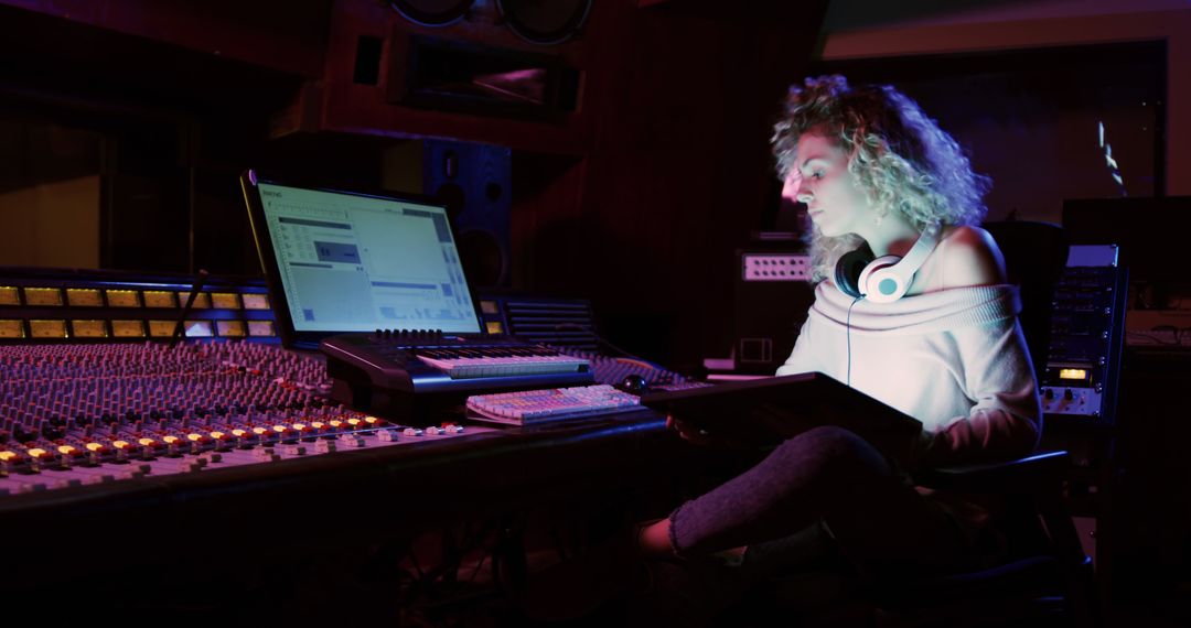 A young female sound engineer produces a song at a mixing desk with a tablet. - Free Images, Stock Photos and Pictures on Pikwizard.com