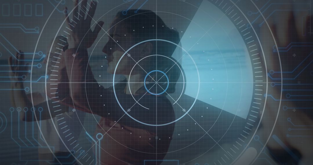 Women Practicing Yoga Surrounded by Digital Interface Graphics