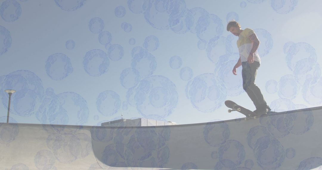 Skateboarder Balancing on Edge with Digital Bubbles Overlay