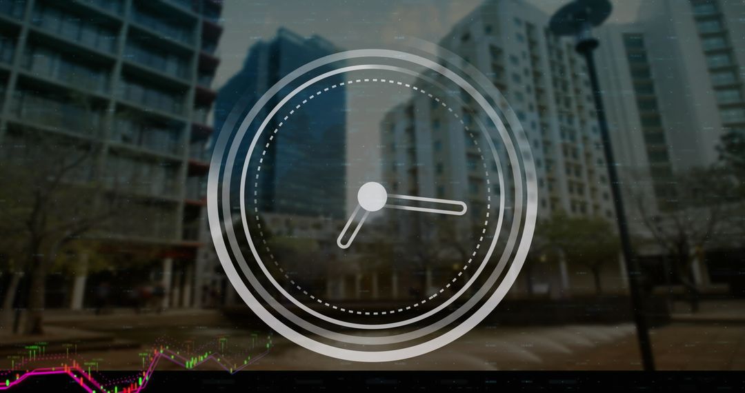 Digital Clock Overlay on Modern Urban Cityscape