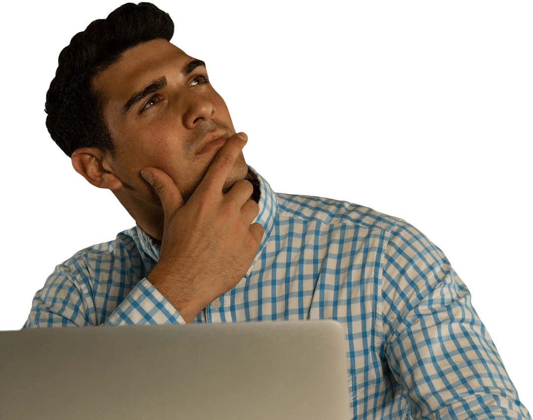 Transparent Thoughtful Man Contemplating Decision with Laptop