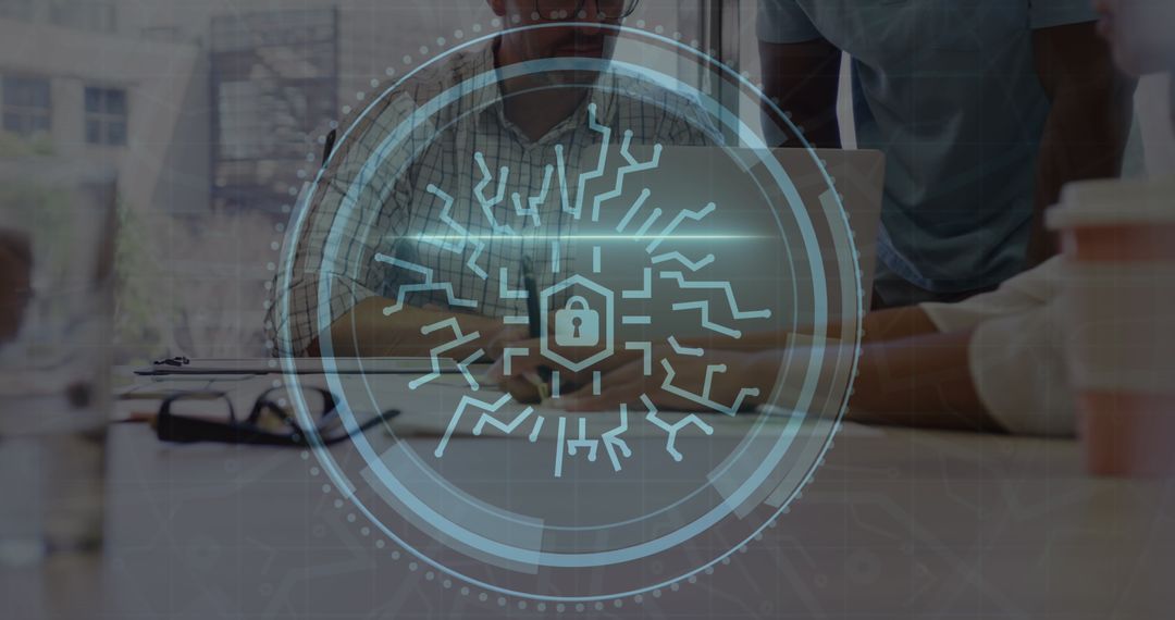 Colleagues Analyzing Reports with Cyber Security Overlay and Lock Icon