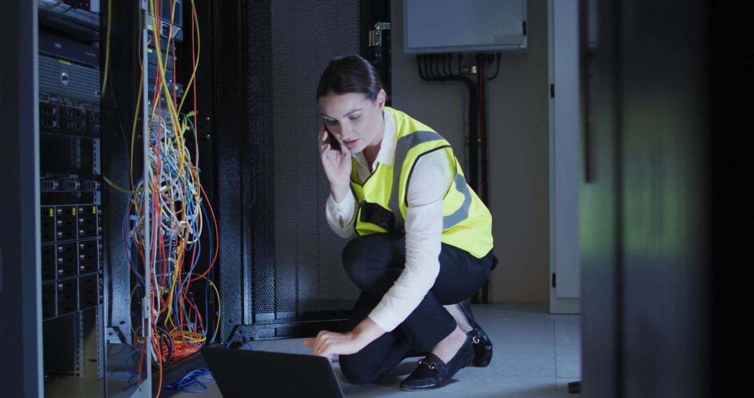 Woman Technician in Server Room Troubleshooting Network Issues