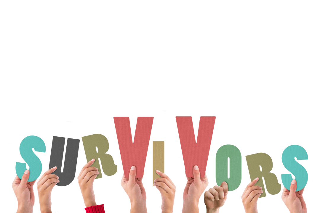 Hands Raising Multicolored Survivors Text on Transparent Background