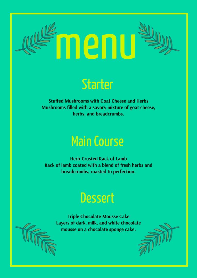 Elegant Green Menu Template with Dinner Courses and Leaf Borders - Download Free Stock Templates Pikwizard.com