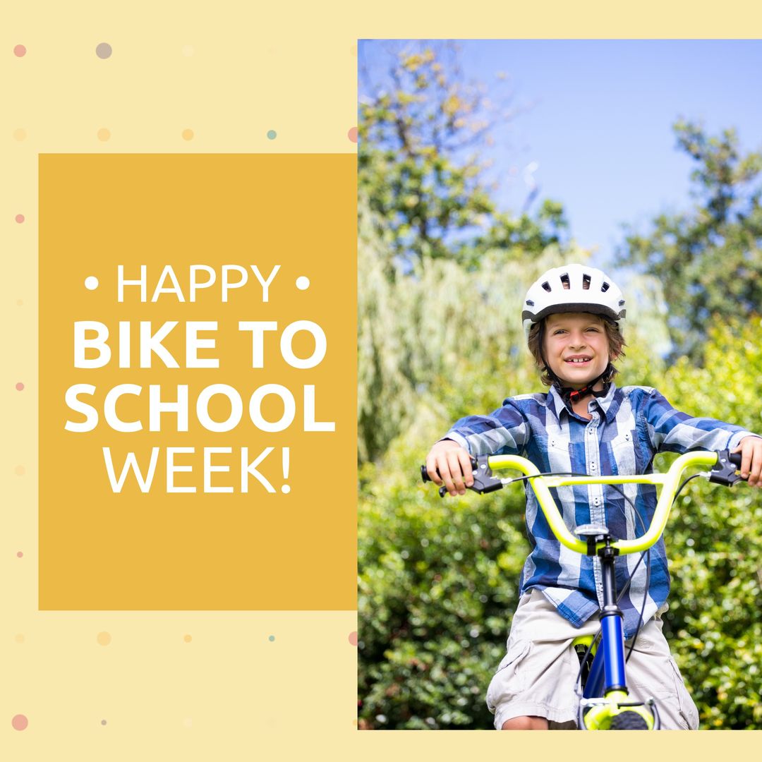 Digital composite image of smiling caucasian boy riding bicycle, happy bike to school week text - Download Free Stock Templates Pikwizard.com