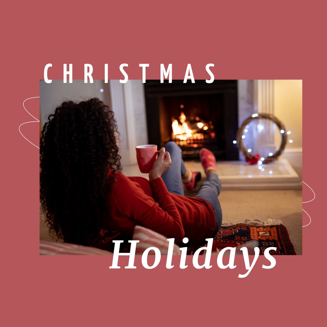 Warm Christmas Setting with Cozy Fireplace and Relaxing Woman - Download Free Stock Templates Pikwizard.com