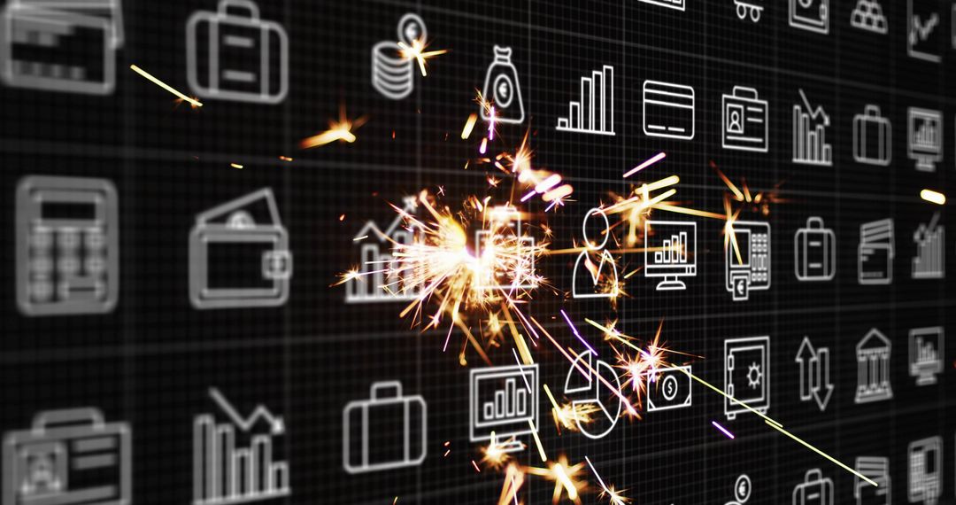 Golden Sparks Igniting Futuristic Financial Dashboard with Neon Data Icons and Ember Trail