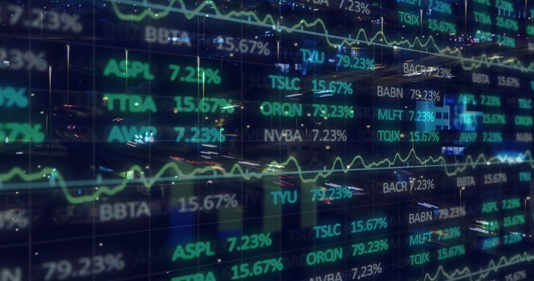 Financial Data Overlay Cityscape Illustrating Global Business Trends