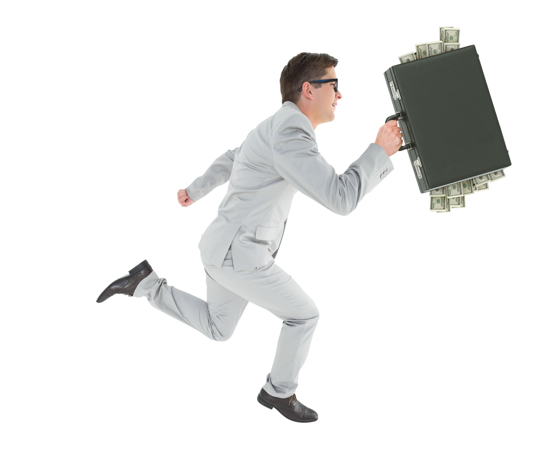 Caucasian Businessman Running with Cash-Filled Briefcase Transparent - Download Free Stock Images Pikwizard.com