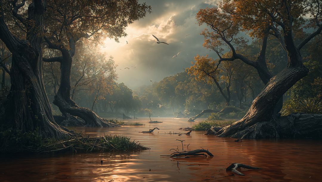 Muddy River Amid Gnarled Roots and Wading Herons at Dawn