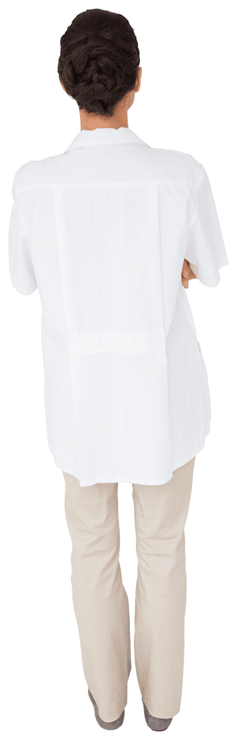 Rear View Transparent Professional Nurse Stands Cross-armed in White Uniform