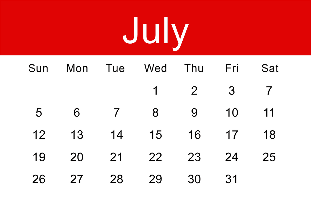 Red July Calendar on Transparent Background Vector