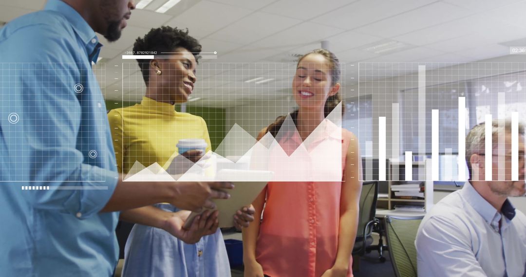 Diverse Business Team Discussing Digital Financial Data in Modern Office