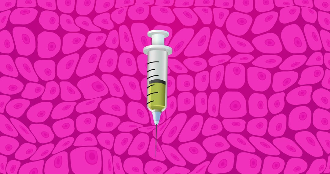 Syringe with Green Liquid on Animated Pink Cells Background