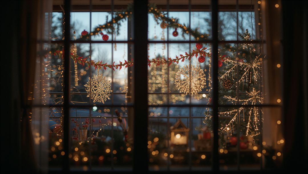 Cozy Christmas Window Display with Garlands and Snowflakes