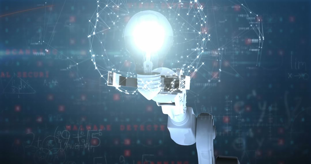 Robotic Arm Holding Glowing Bulb with Digital Network Connections