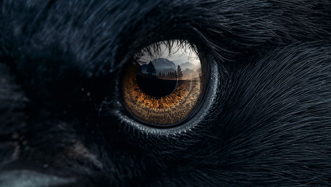 Close-up Showcasing Misty Mountain Reflection in Animal's Eye