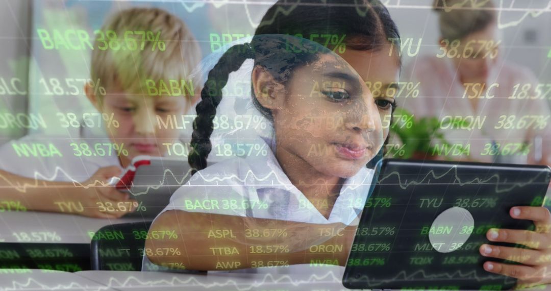 Students Using Tablets in Classroom with Stock Ticker Overlay