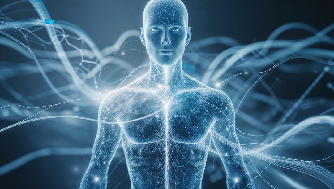 Glowing Holographic Figure with Neural Pathways in Futuristic Network