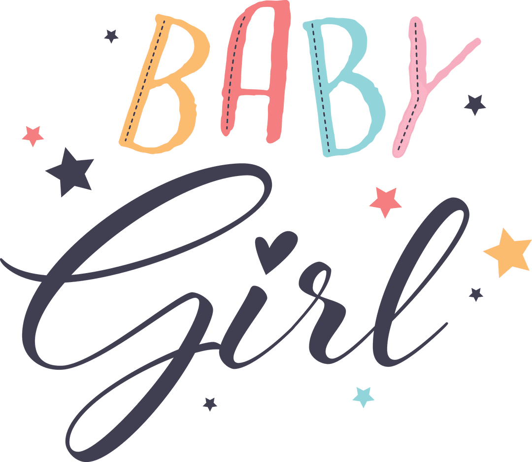 Colorful Baby Girl Text With Stars Isolated on Transparent Background