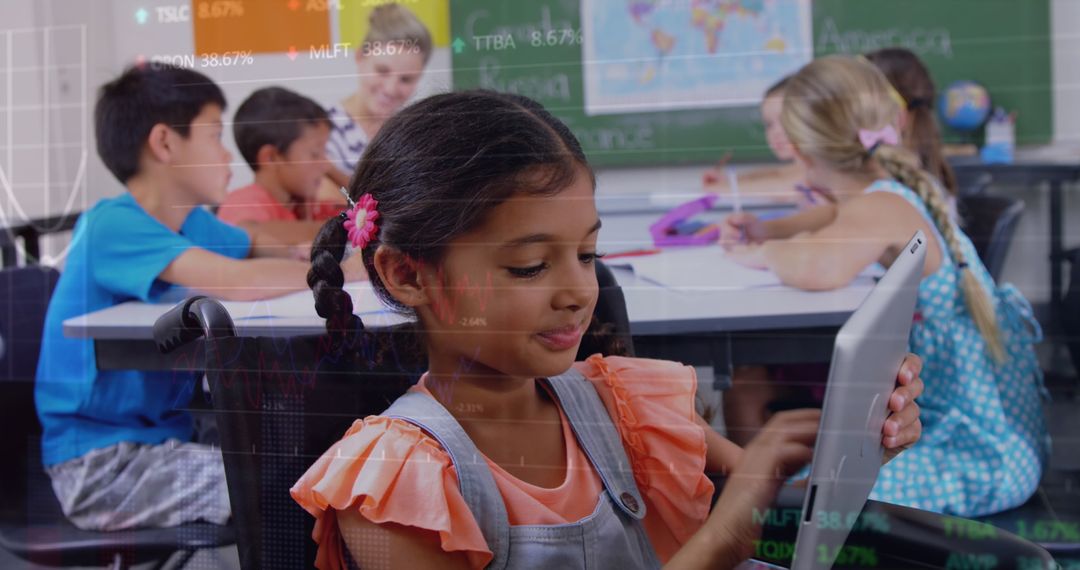 Happy Schoolgirl Engaging with Tablet and Overlaid Financial Graphs