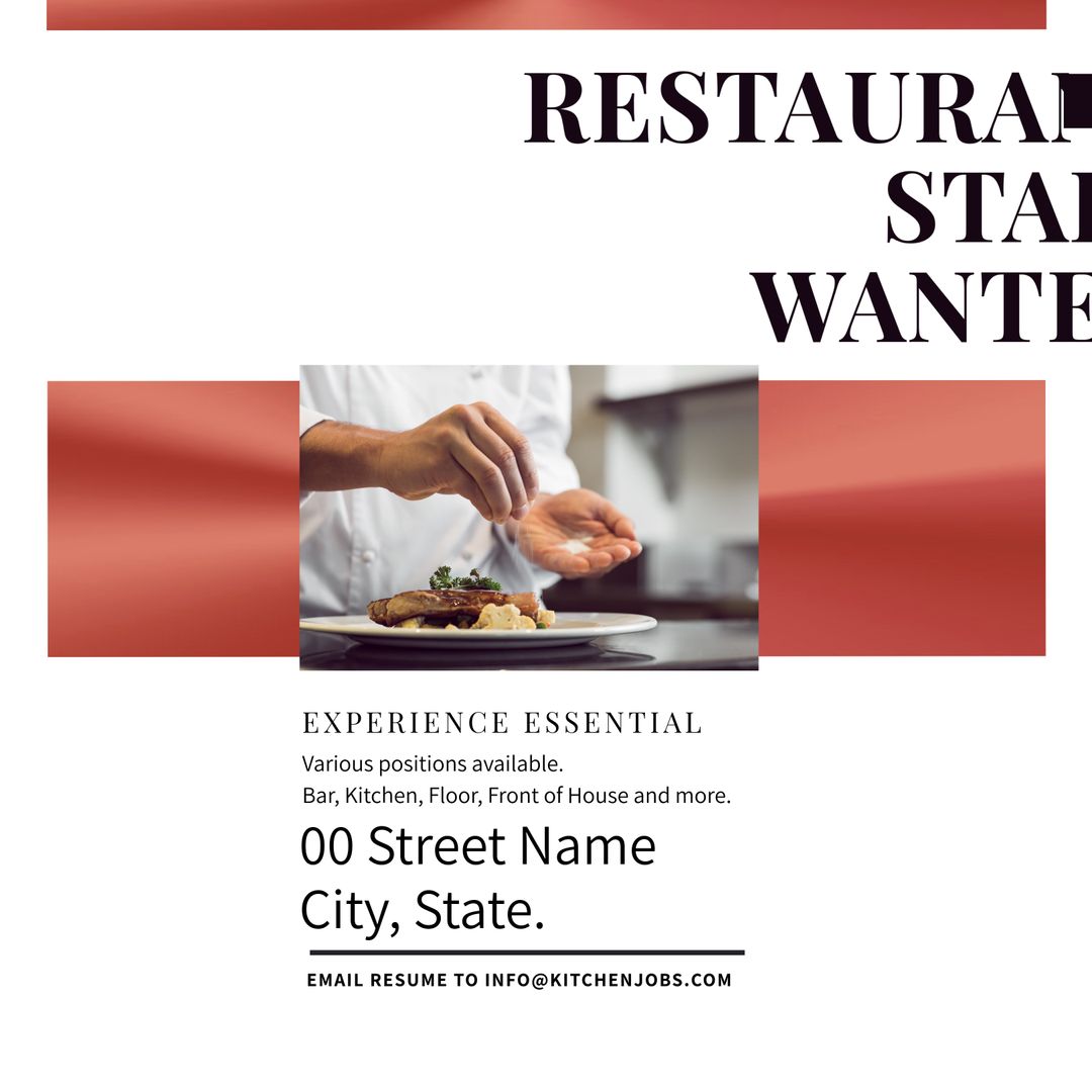 Restaurant Staff Wanted Recruitment Ad with Chef in Action, Modern Design - Download Free Stock Templates Pikwizard.com