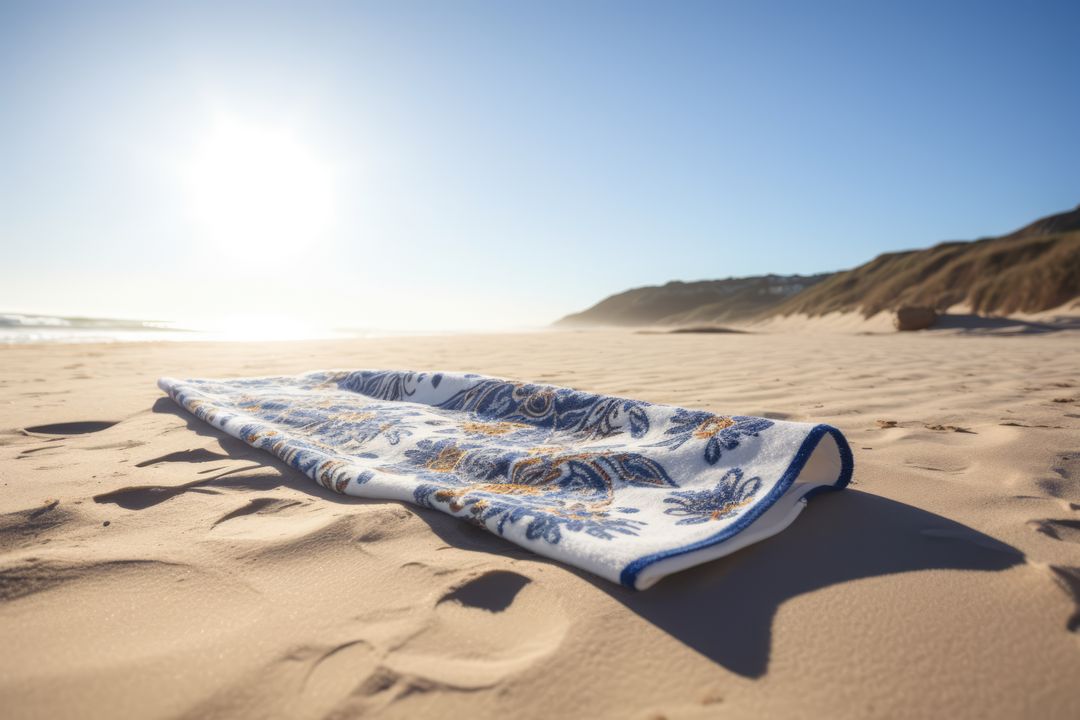 White towel with pattern on beach with dunes and blue sky, created using generative ai technology - Free Images, Stock Photos and Pictures on Pikwizard.com