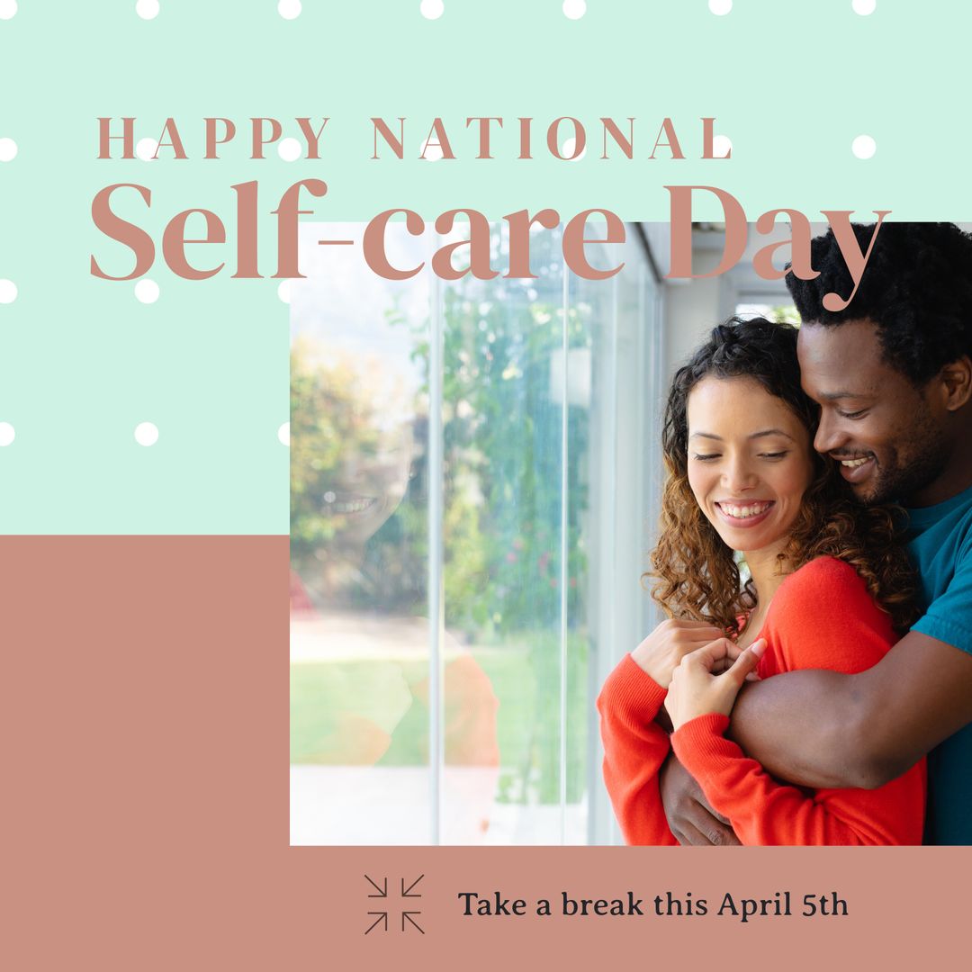 Multicultural Couple Embracing on Self-care Day Celebration