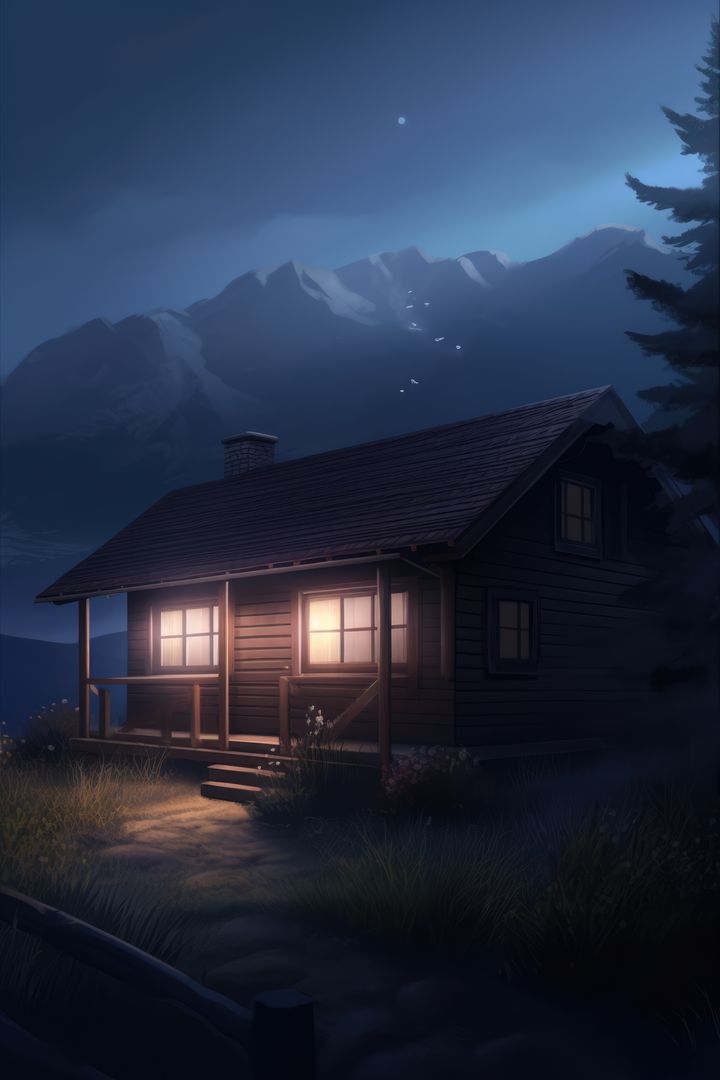 Wooden cabin with lit windows at night in mountain landscape, created using generative ai technology - Free Images, Stock Photos and Pictures on Pikwizard.com