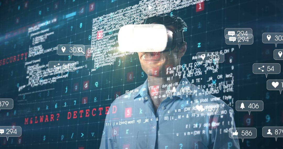Man with VR Headset Engaged in Digital Data and Virtual Social Interaction