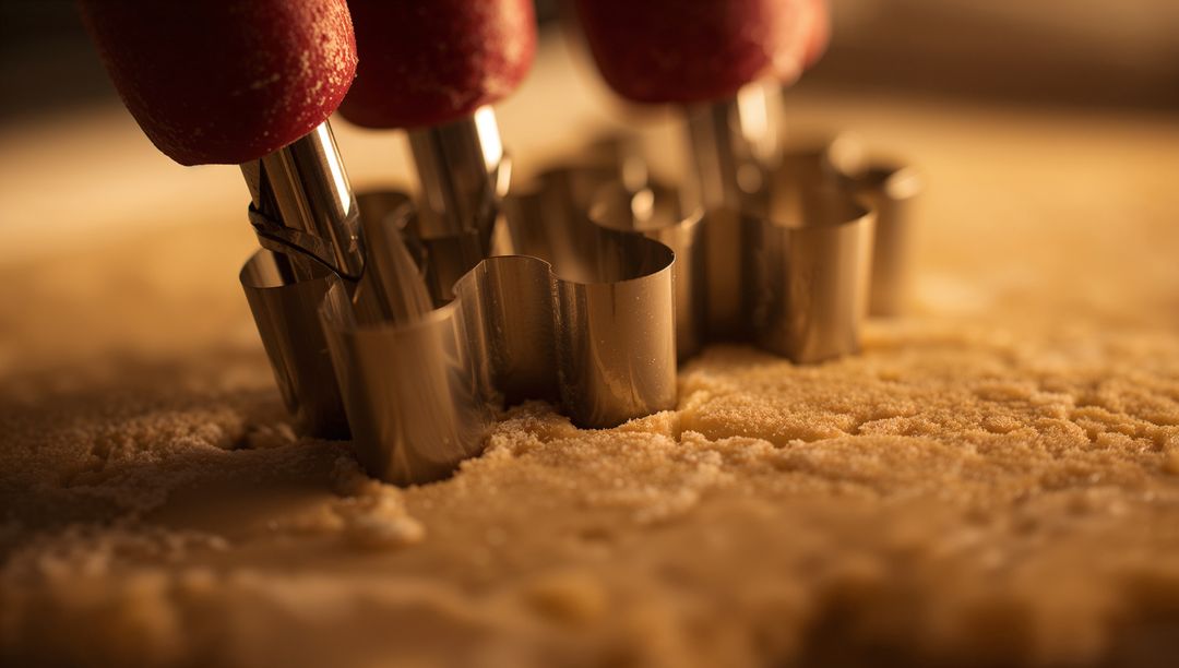 Red-Handled Scalloped Cutters Pressing into Cookie Dough on Floured Counter
