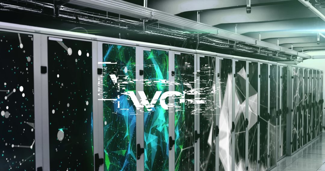 Futuristic Digital Symbols Over Modern Server Room