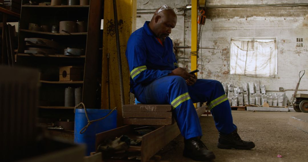 Factory Worker in Blue Coveralls Taking a Break - Free Images, Stock Photos and Pictures on Pikwizard.com